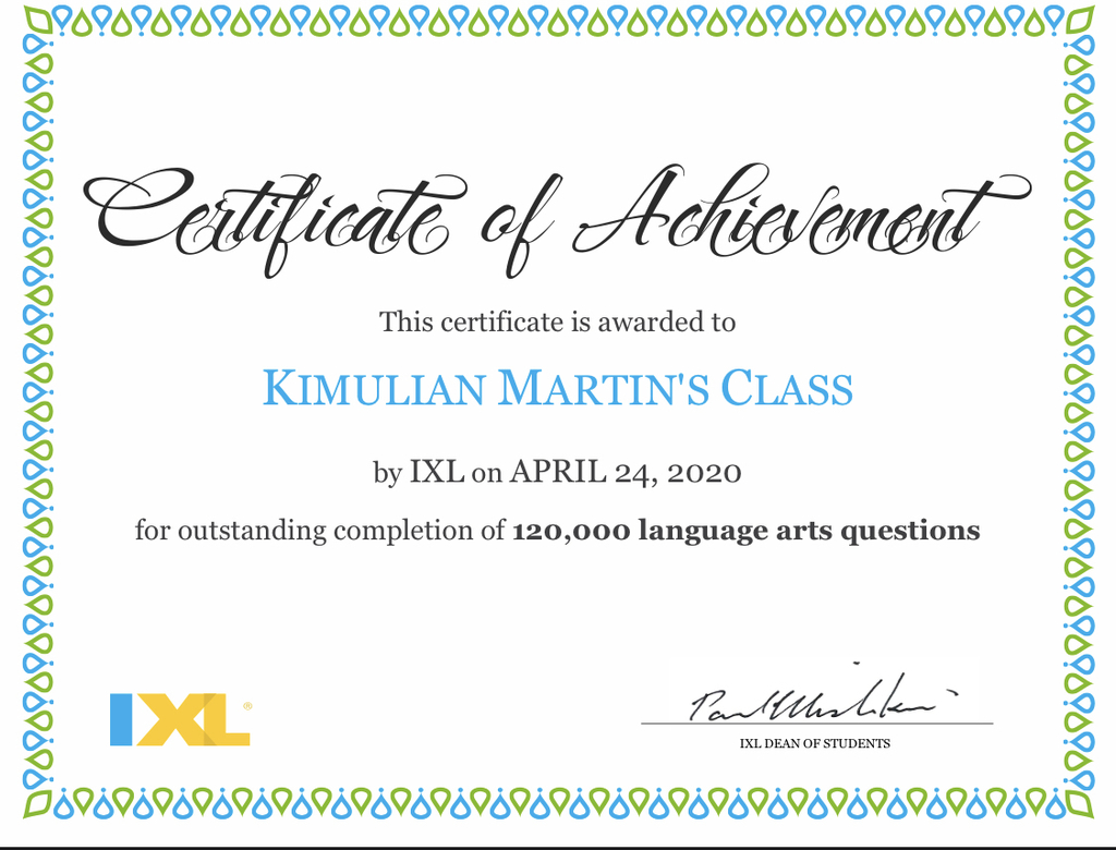 Mrs. Martin’s IXL Certificate