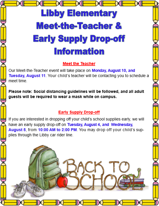 Meet the Teacher & Early Supply Drop-off Information